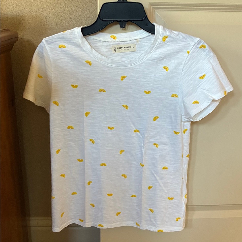 Lucky Brand Lemon Slice Print T-Shirt Women's M White Crew Neck Short Sleeve